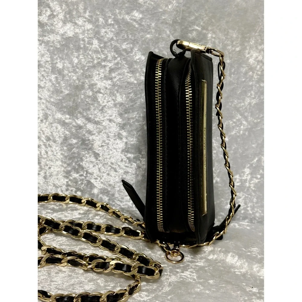 Steve Madden Black Saffiano Faux Leather Crossbody Wallet Bag Gold Chain Strap